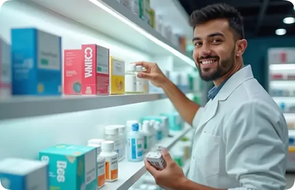 Farmacêutico organizando o estoque da farmácia