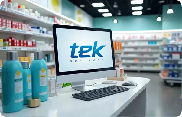 Monitor no balcão da farmácia exibindo o sistema TekFarma