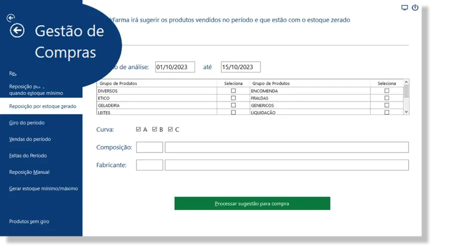 Tela de Gestão de Compras do TekFarma com sugestão de reposição por estoque zerado